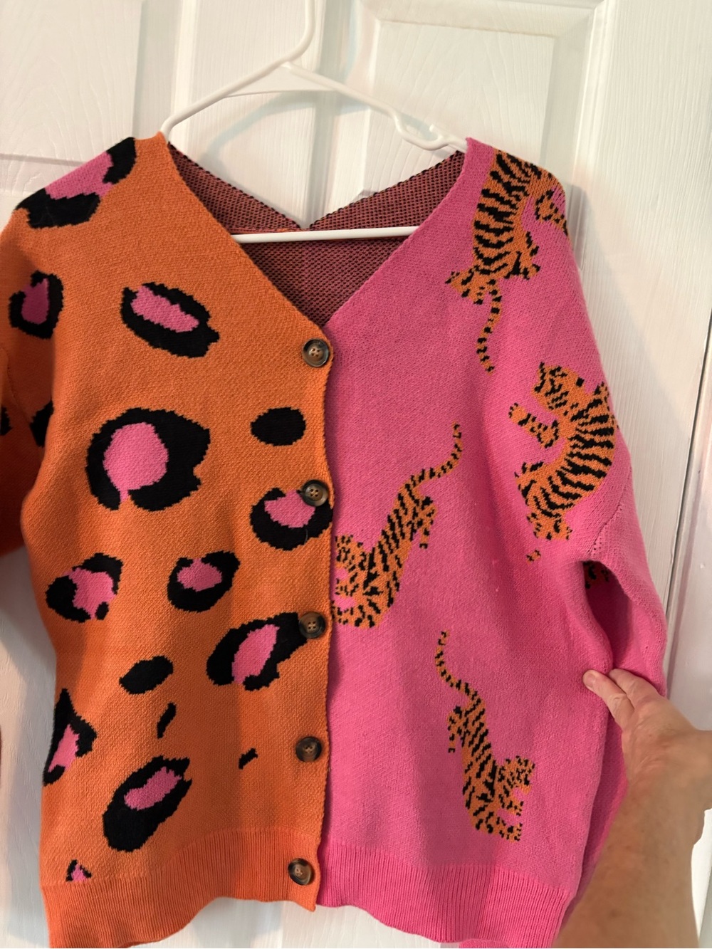 Colorblock Tiger Leopard Cardigan Pink Orange Statement Knit Medium - Picture 4 of 6